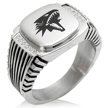 - Yu-Gi-Oh! Blue-Eyes White Dragon Stainless Steel CZ Ribbed Needle Stripe Pattern Biker Style Polished Ring