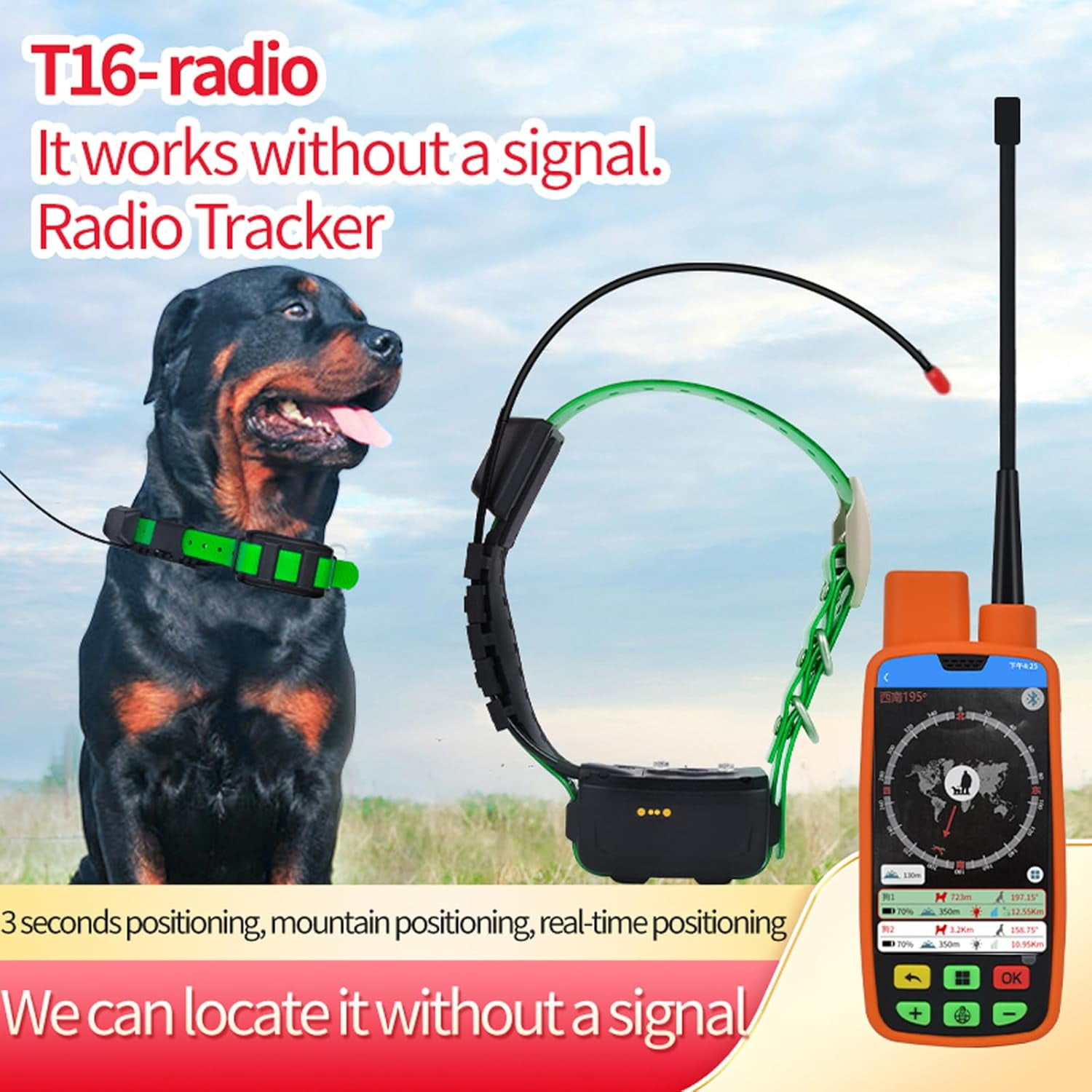 GPS Dog Collar Equipped with VHF Wireless Module,Dog Tracking Collar Adopts GLONASS/Galileo/BDS Positioning System,Tracking Collar for Dogs Use with Handheld Device,IP68 Waterproof & Dustproof