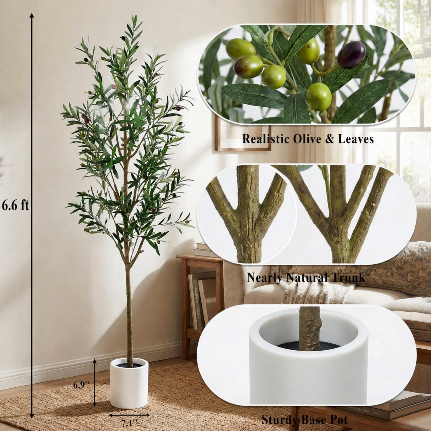 Easy4Home 6.6FT Artificial Olive Tree with Lifelike Fruits Fake Olive Plant Potted Indoor Faux Floor Plant for Home Office Decor, White Pot