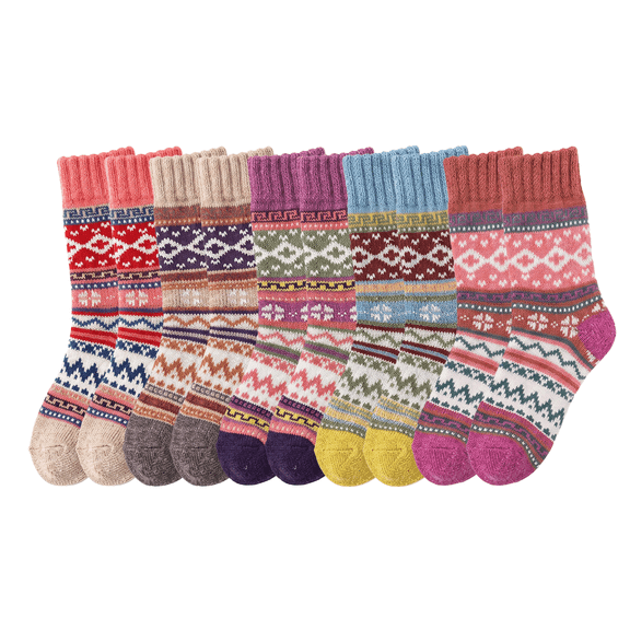 10 Pairs Women's Thick Thermal Wool Blend Crew Socks, Retro Ethnic Jacquard Poly Cotton Warm Mid Calf Athletic Socks for Fall Winter Daily Outdoor