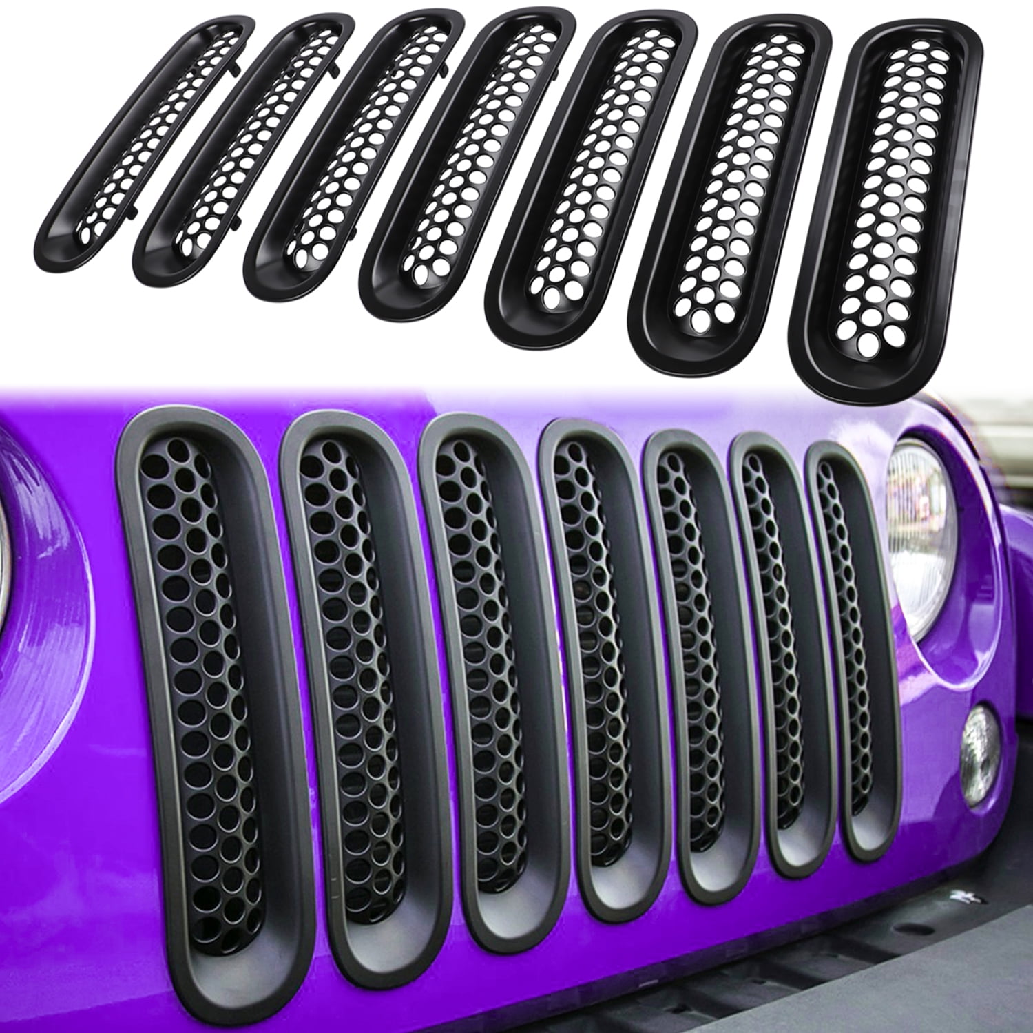 Razer Auto 7pcs Triple Chrome Plated Trim Mesh Grille Insert and Direct Bolt on Gas Cover Combo for 07-17 Jeep JK Wrangler 