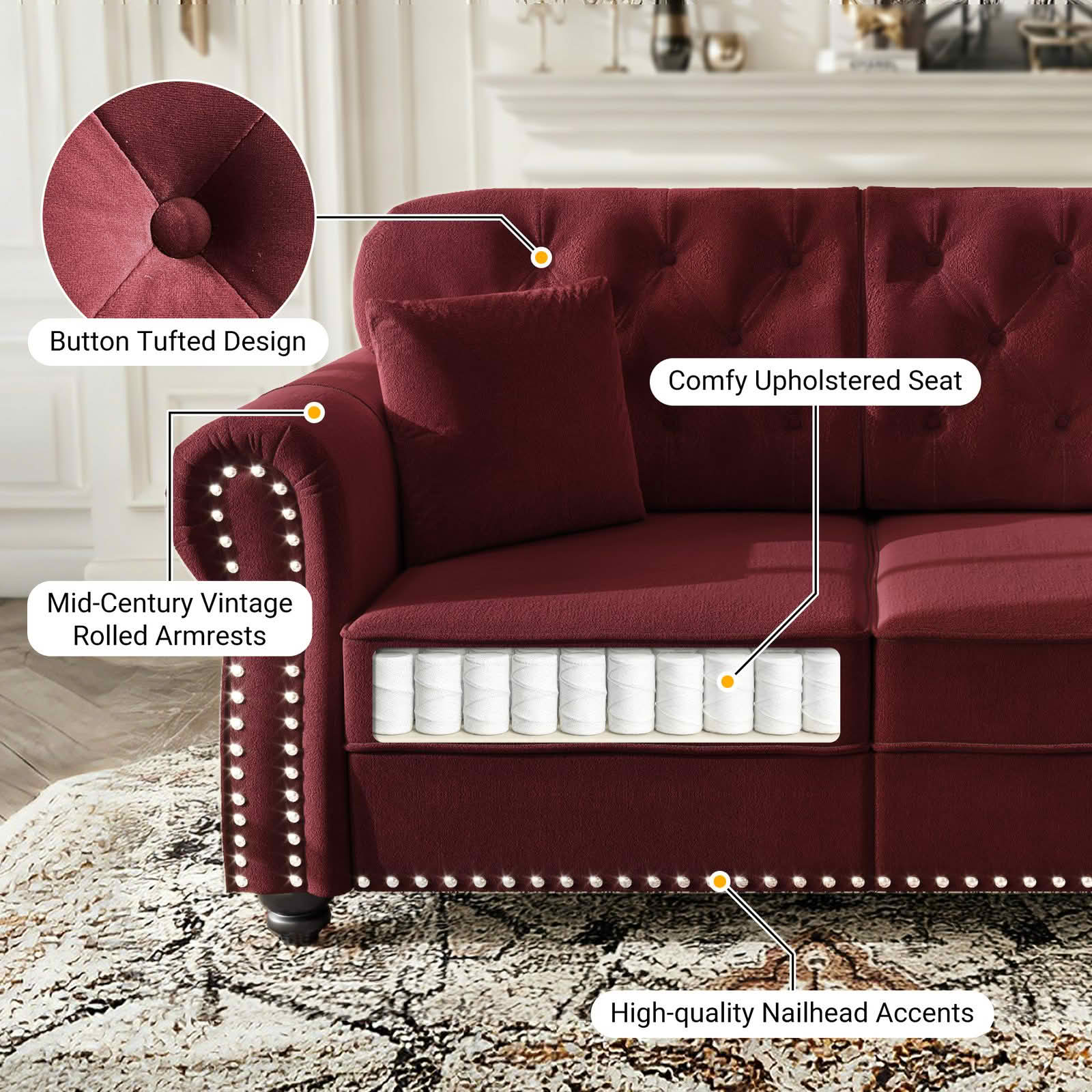 MAYEERTY 63 Inch Velvet Chesterfield Loveseat, Mid‑Century Modern Couch with Button Tufting, Nailhead Trim and Rolled Armrests, Comes with 2 Pillows for Home Living Room