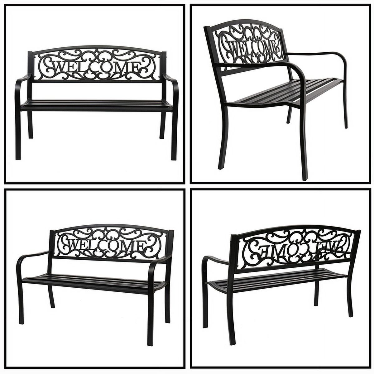 50" Black Outdoor Welcome Bench&nbsp;- 750lb Capacity Weather-Resistant Iron Bench w/ Curved Armrests & PVC Slats - Easy Assembly Patio Seating