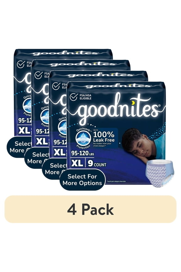 (4 pack) Goodnites Boys Nighttime Bedwetting Underwear, XL (95-120 lbs), 9 Count (Select for More)