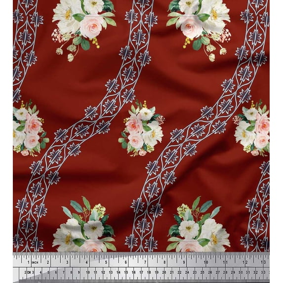 Soimoi Red Poly Georgette Fabric Camellias & Ranunculus Floral Print Fabric by the Yard 52 Inch Wide