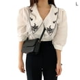 thumbnail image 1 of Camisa de mujer Verano Bordado Solapa Manga abullonada Blusa Retro Top, Blanco, L Sweethay AP001497-02B, 1 of 7