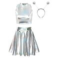 thumbnail image 5 of Disfraz de astronauta espacial para mujer, camiseta sin mangas corta metálica brillante con falda, aro de pelo de extraterrestre, ropa de fiesta temática para discoteca, 5 of 5