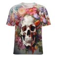 thumbnail image 5 of Colorful Flower Skull Women's Short Sleeve T-Shirt Crew Neck Casual Summer Trendy Loose Fit Tops, 5 of 6