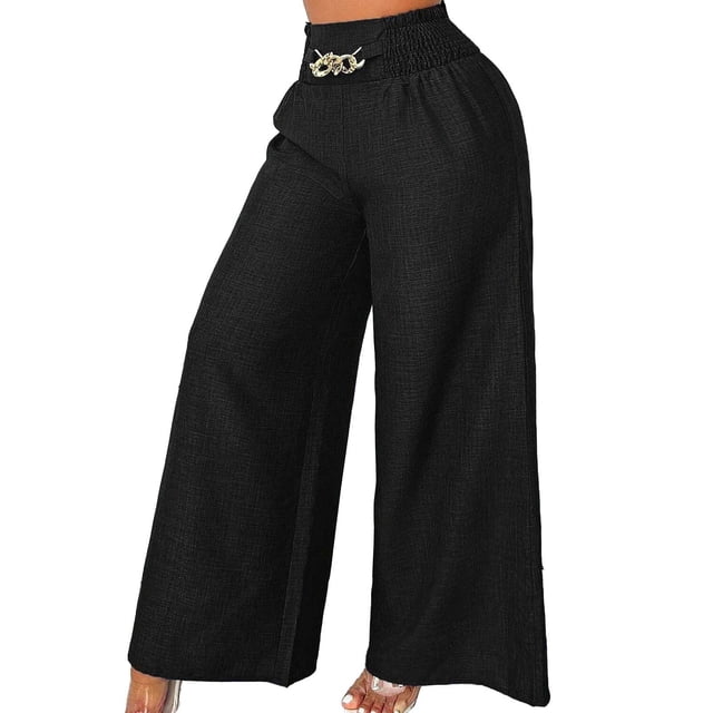 Pantalones de vestir de mujer de cintura alta y pierna ancha con cintura elástica en la parte trasera y pliegues en la parte delantera, para el trabajo o el ocio.
