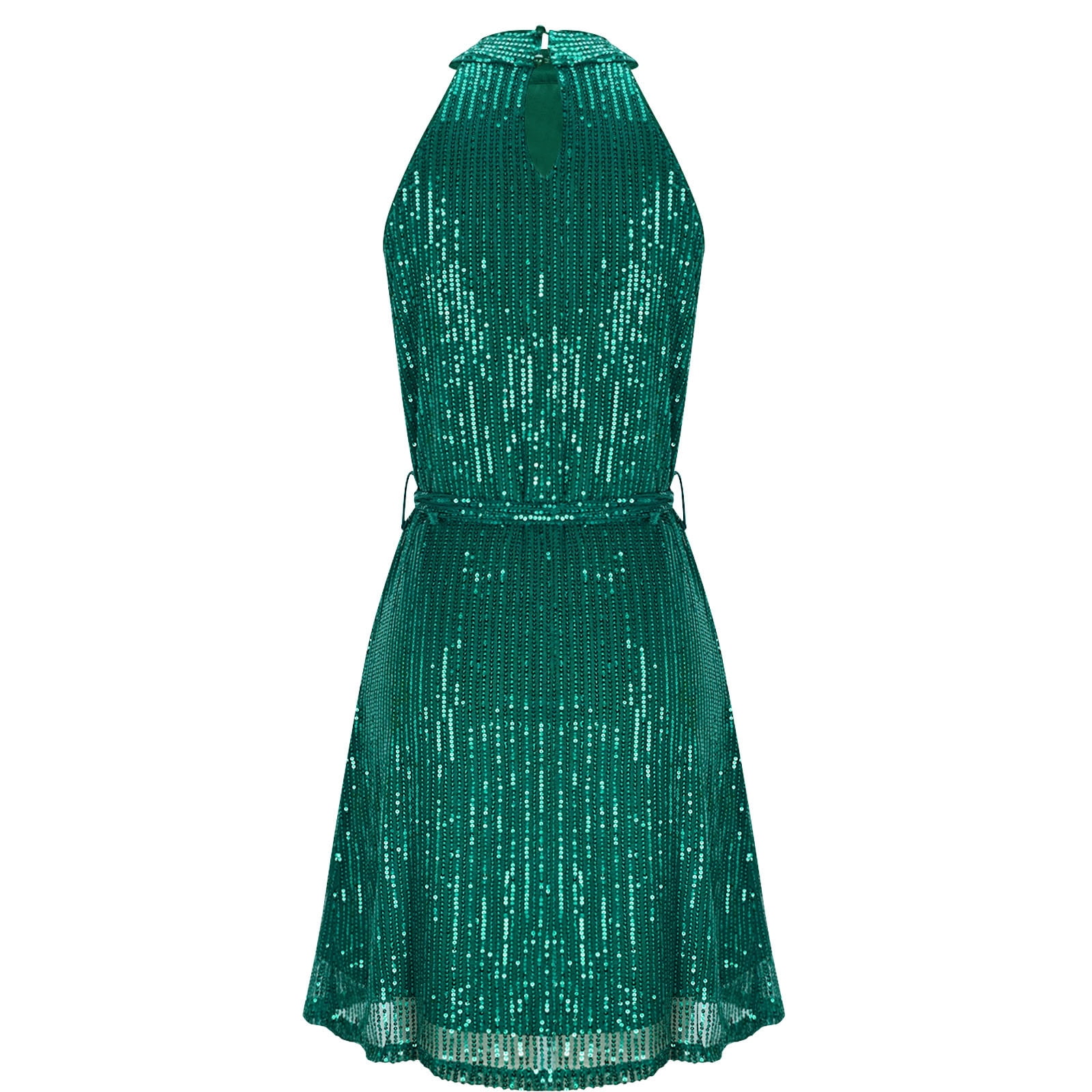 tesco green pleated dress Levmjia Women's Sequin Mini Hanging Neck Sleeveless V Neck Belt Short Skirt Casual Party Bodycon Solid Color Polyester Slinky Clubwear Beach Vacation flower print dress