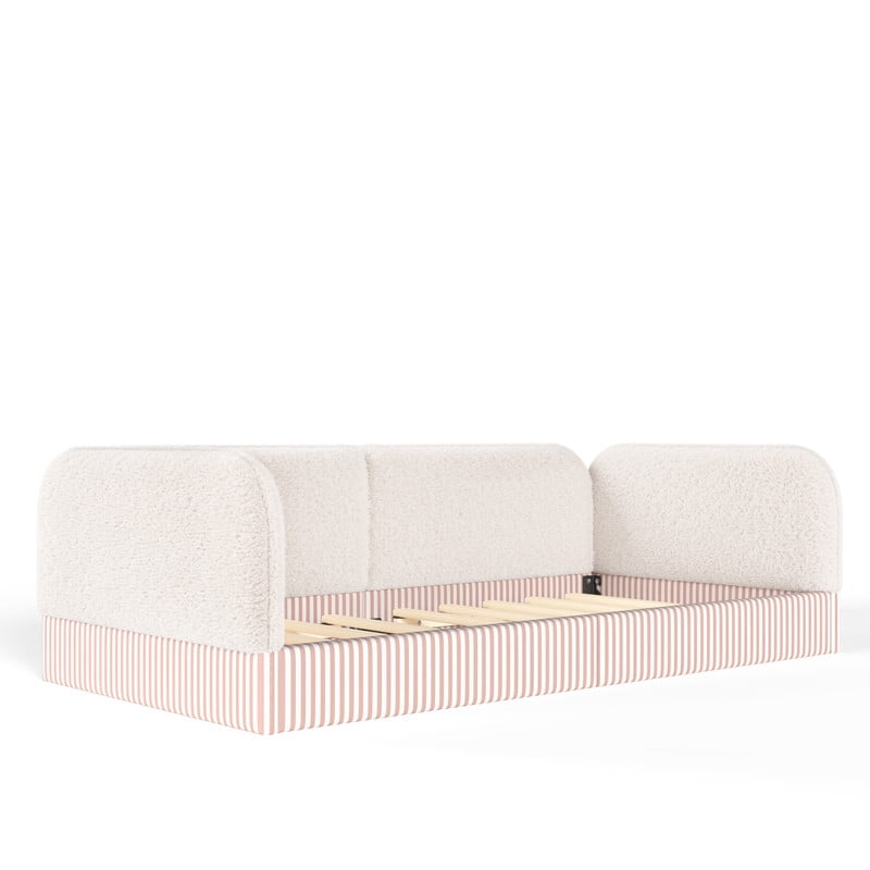 Twin Size Upholstered Floor Daybed Frame for Kids, Half-Enclosed Montessori Platform Bed with 3-Sided Surrounding Guardrails