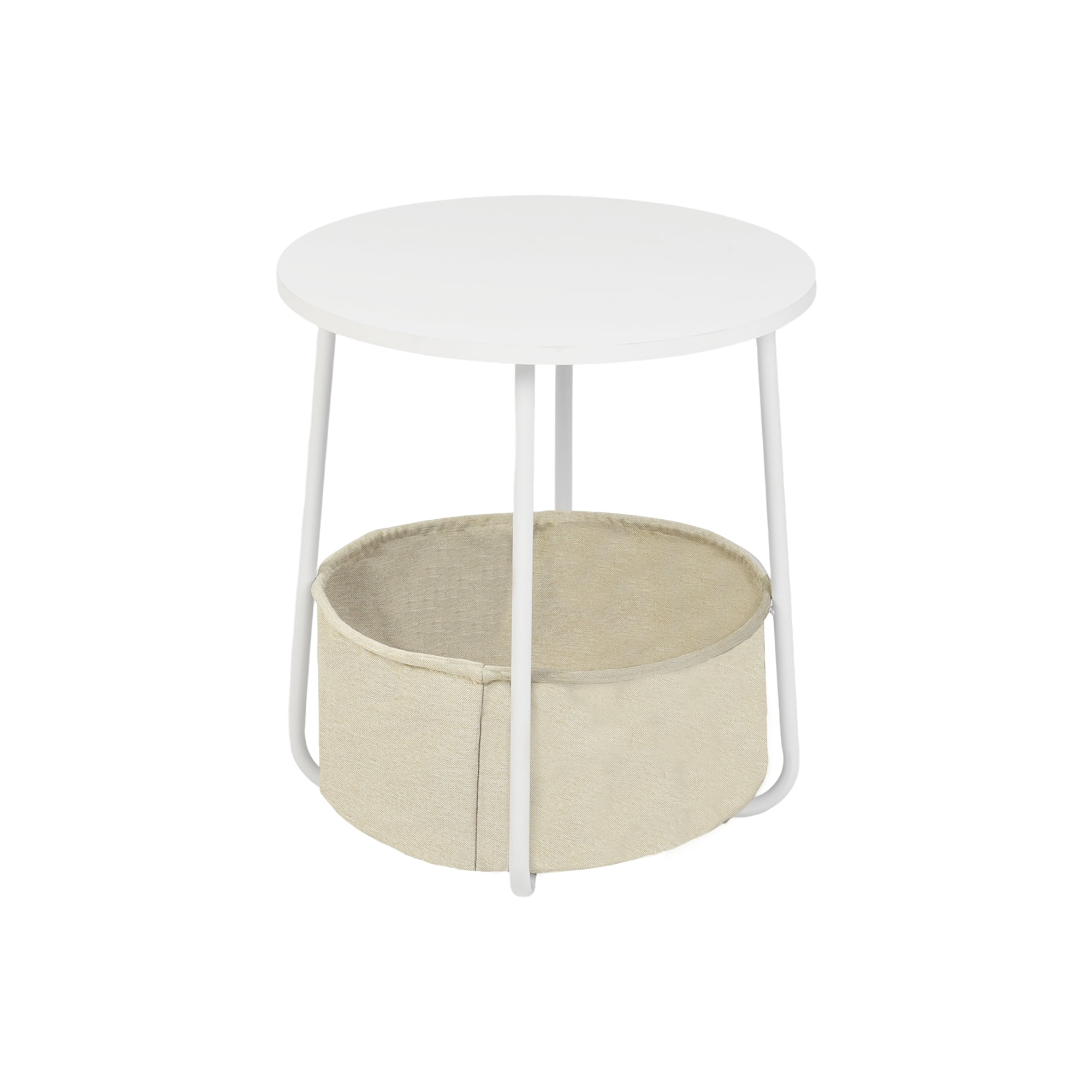 Small Round Side Table, Modern Nightstand with Fabric Storage Basket, U-Shaped Steel Frame End Table for Living Room Bedroom