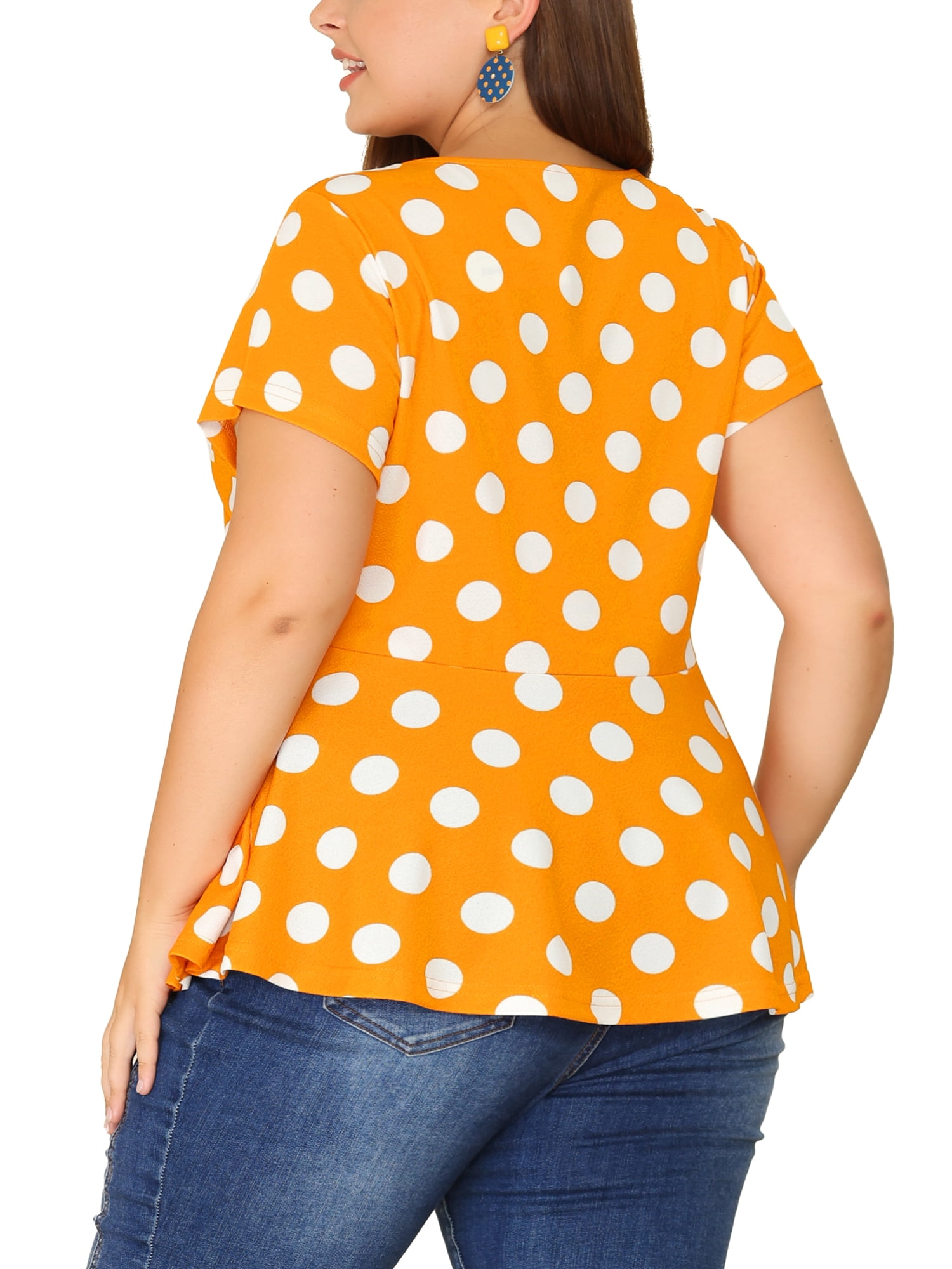 Unique Bargains Women's Plus Size Short Sleeves Polka Dots Outfits Fashion Peplum Blouse