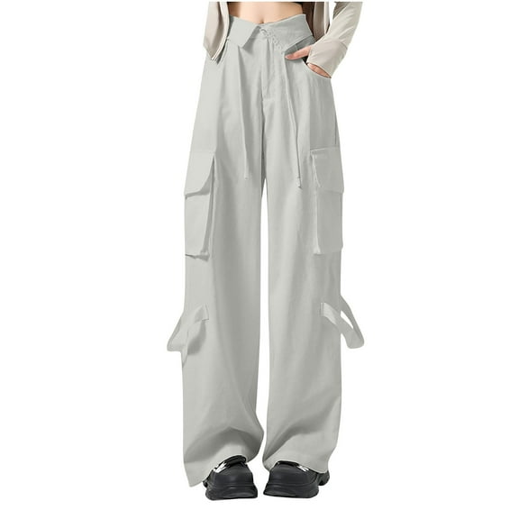 MELDVDIB Womens Cargo Travel Pants Baggy Drawstring Waist Wide Leg Pants Fashion Casual Solid Color Light Weight Lounge Trousers with Pocket Khaki L