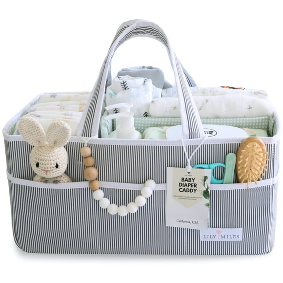 Bolsa organizadora grande para pañales Lily Miles, color gris y blanco