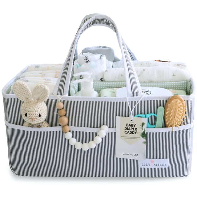 Bolsa organizadora grande para pañales Lily Miles, color gris y blanco