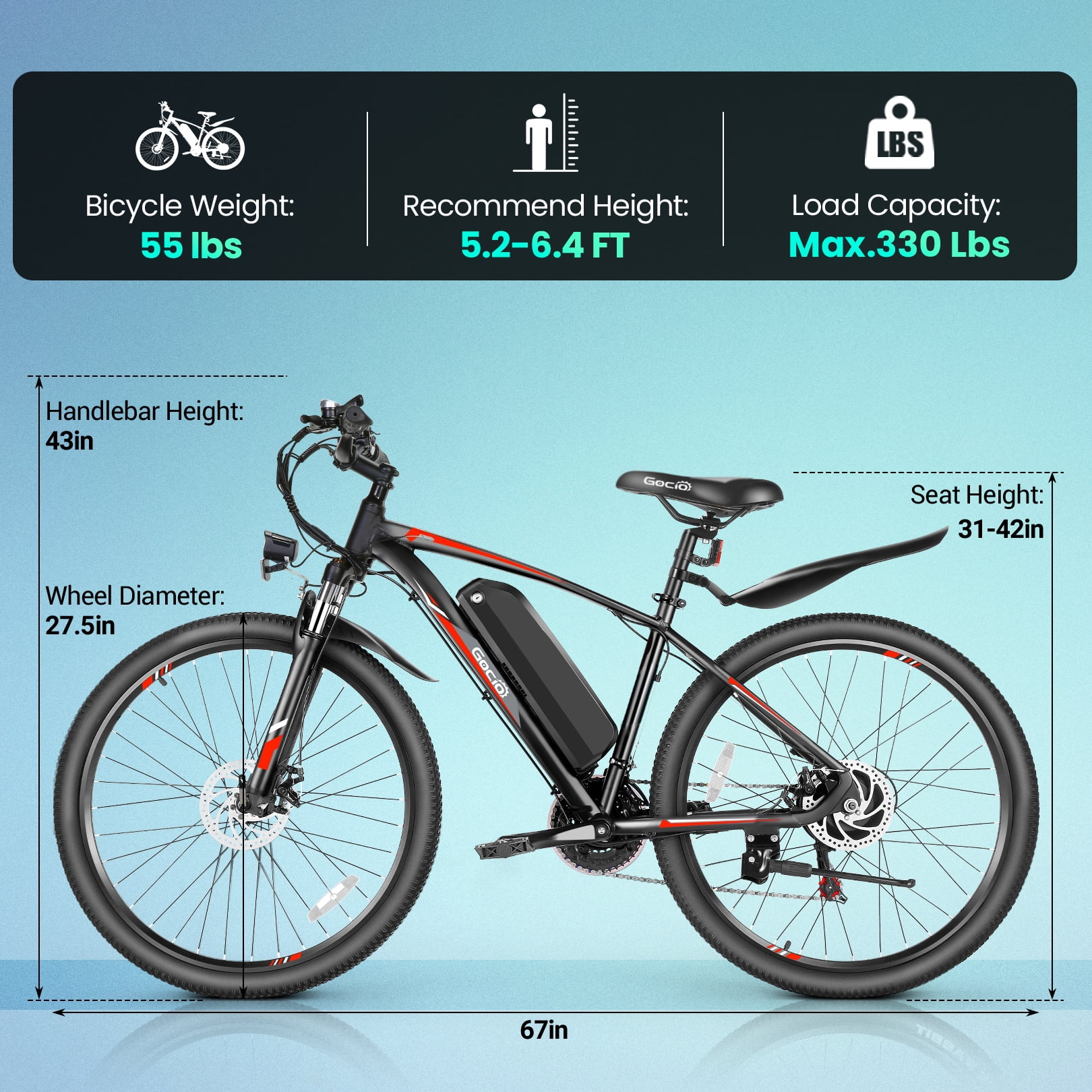 Gocio 27.5" Electric Bike for Adults, Peak 1000W Motor E-Mountain Bicycles, 22Mph Ebike, 48V 10.4Ah Removable Battery, 21-Speed Shimano, UL2849 Certified