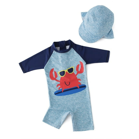 Kid Boys Chic Animals Printed Red crab One-Piece Rash Guard with Sun Hat 2pcs Swimsuit Pool Swimwear Beach Bathing Suit (4)