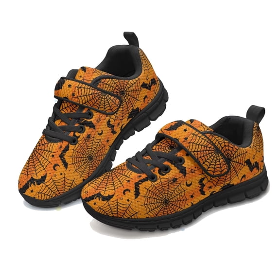 Pointodoor Halloween Kids Tennis Shoes for Girls Bat Cobweb Print Running Sport Shoes Breathable Lightweight Walking Sneakers with Hook and Loops