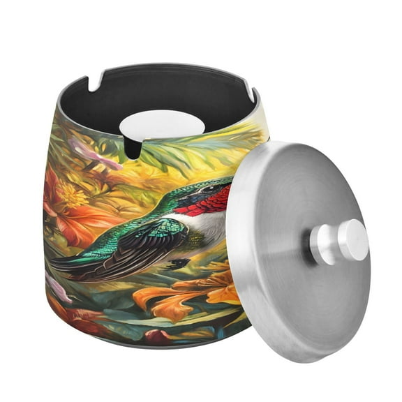 ALAZA Cigar Ashtray with Lid Hummingbirds Lily Flowers Ash Tray for Cigarettes Smokeless Ashtrays