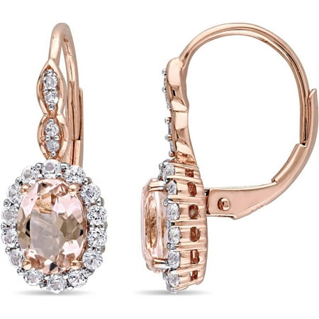 Tangelo 2-1/4 Carat T.G.W. Oval-Cut Morganite, White Topaz and Diamond-Accent 14kt Rose Gold Halo Leverback Earrings