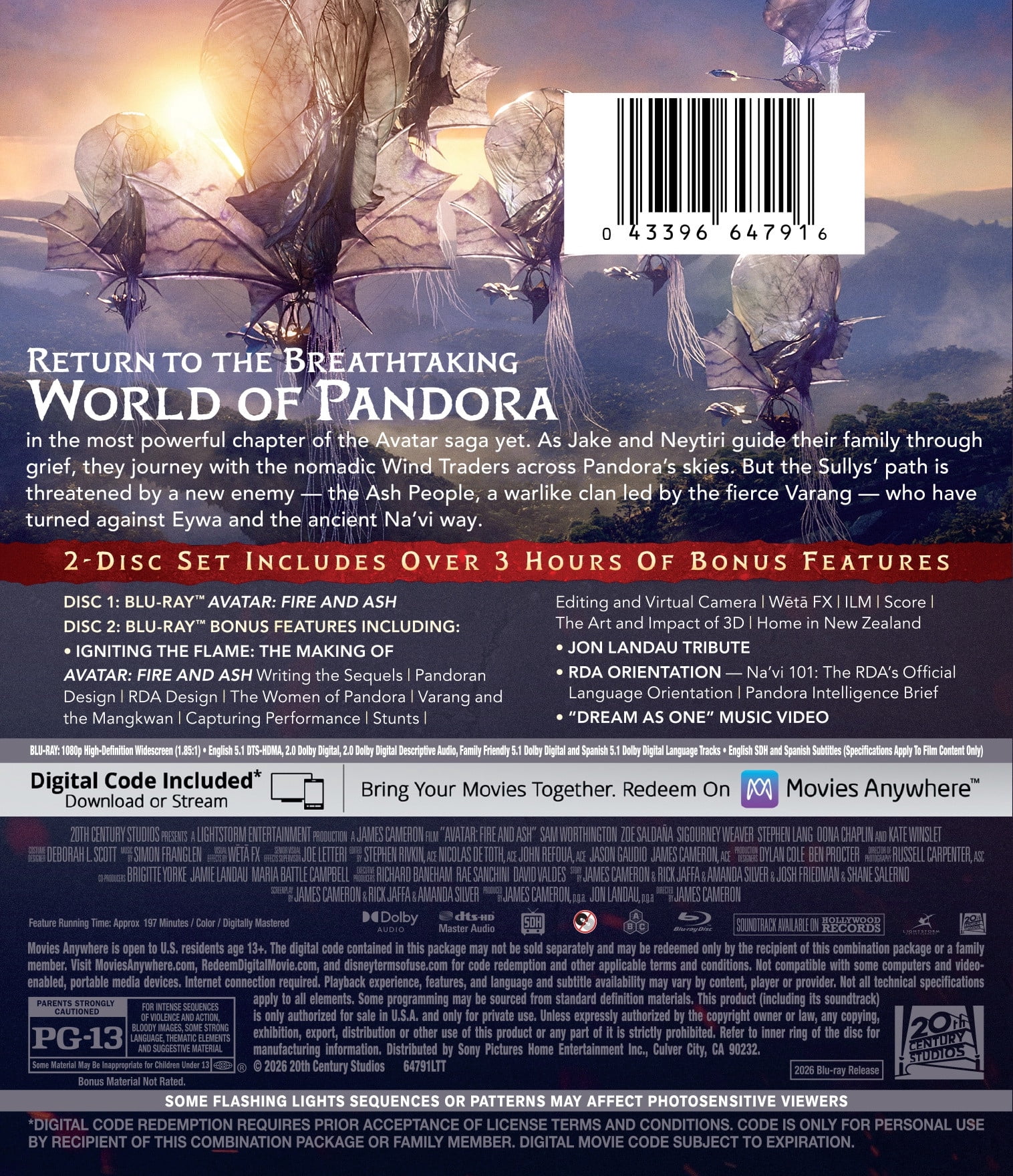 Avatar: Fire And Ash (Blu-ray + Digital Copy) w/ Bonus Disc, 20th Century Studios, Action & Adventure, Fantasy, Sci-Fi