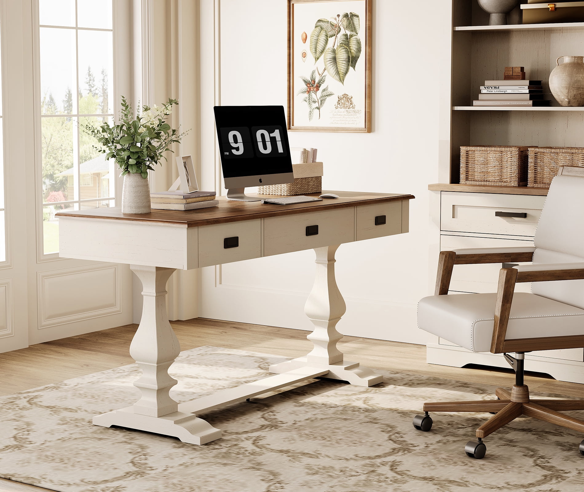 WAMPAT Farmhouse Office Desk with Charging Station - Vintage Rustic Executive Writing Table, Includes 3 Storage Drawers, Sturdy Solid Wood Legs and Ergonomic Rounded Edge for Study,Cream White