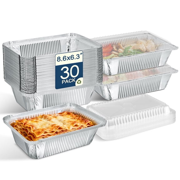 Small Aluminum Pans with Clear Lids (30-Pack, 8.6"×6.3") – 2.25LB Tin Foil Pans with Lids, Disposable Aluminum Food Containers with Lids for Take-out, Meal Prep, Food Storage & To-Go