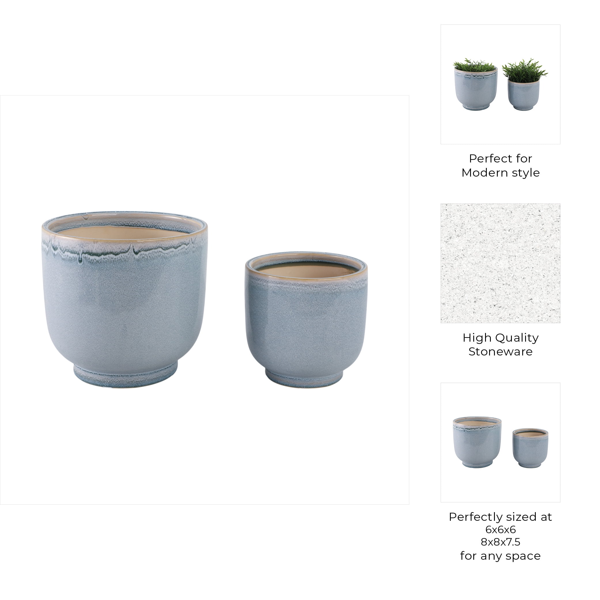 Elegant Glazed Ceramic Flower Pots for Home Decor - Planters for Living Room Decor, Patio, and Garden Styling - Decorative Pots for Plants for Indoor and Outdoor - Set of 2, 8", 6", Blue