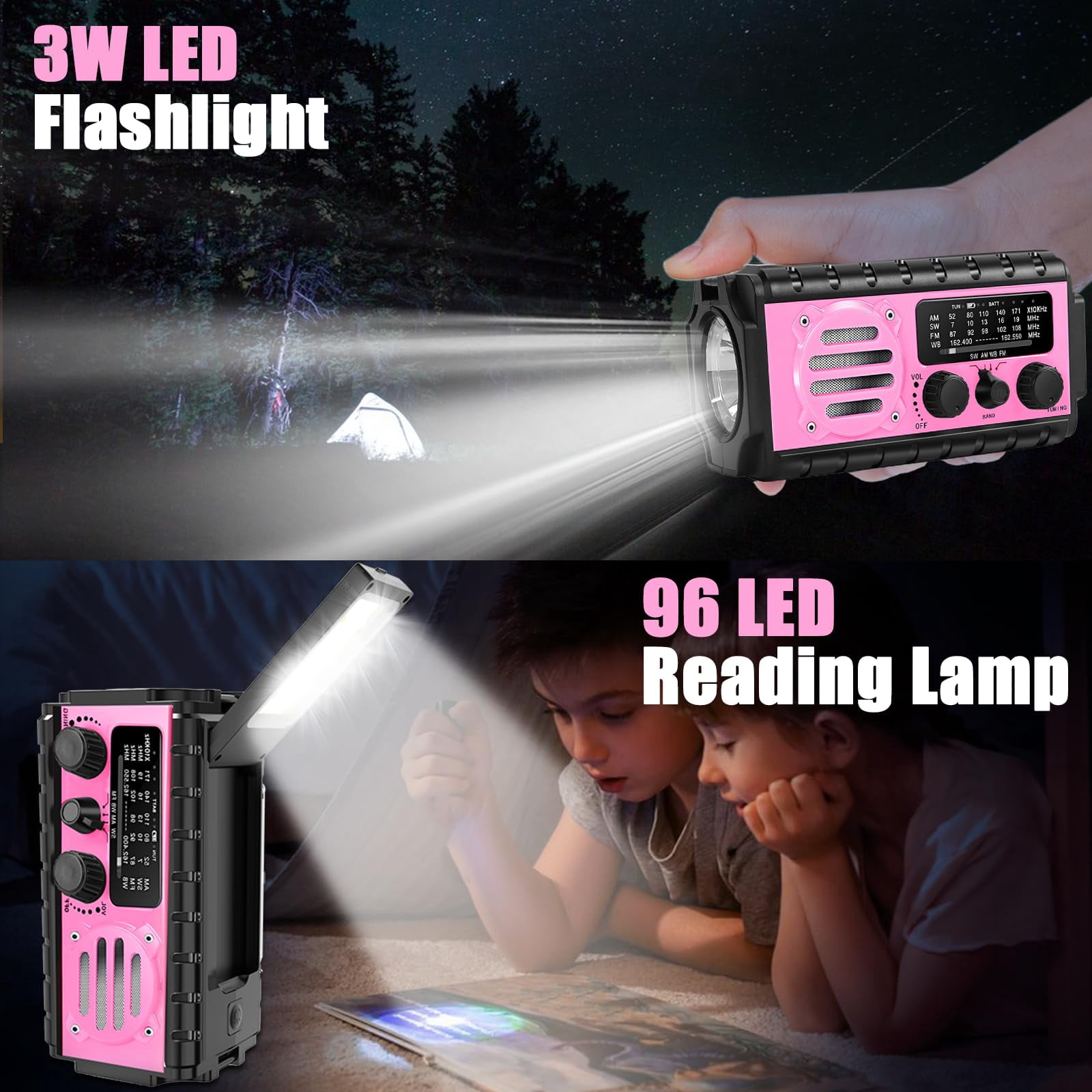 74000mwh Emergency Radio With Noaa Weather  Portable Hand Crank Sw/am/fm Fast Charge Rechargeable Solar Flashlight Reading Lamp Sos Sirenor Home Outdoor(pink)