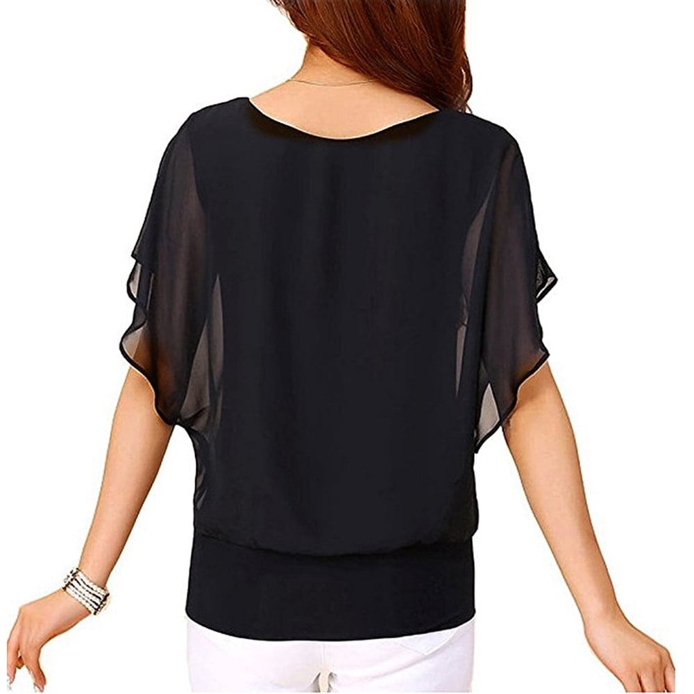 Knosfe Work Blouses for Women Fashion 2023 Clearance Batwing Short Sleeve Crew Neck Loose Fitting Tops Plus Size Chiffon Loose Womens Shirt Black 2XL