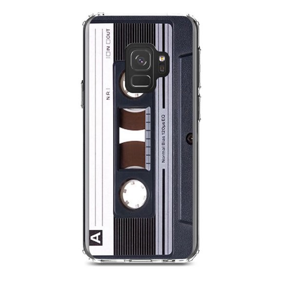DistinctInk Clear Shockproof Hybrid Case for Samsung Galaxy S9 (5.8" Screen) - TPU Bumper, Acrylic Back, Tempered Glass Screen Protector - Audio Cassette Tape