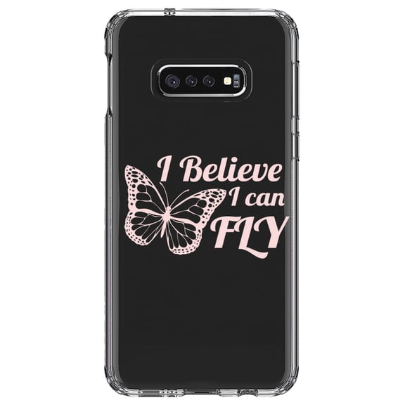 DistinctInk Clear Shockproof Hybrid Case for Samsung Galaxy S10e (5.8" Screen) - TPU Bumper Acrylic Back Tempered Glass Screen Protector - Butterfly - I Believe I Can Fly
