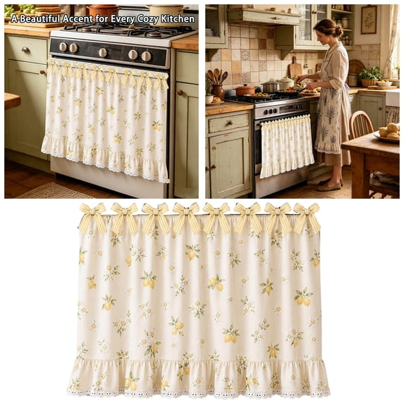 Farmhouse Stove Skirt Oven Curtain For Kitchen Blend Stove Curtain With Lace Ruffle Trim & 9 Ribbon Ties Oven Curtain Cover & Oven Skirt Curtain For Cottage Kitchen Apron Sleeve