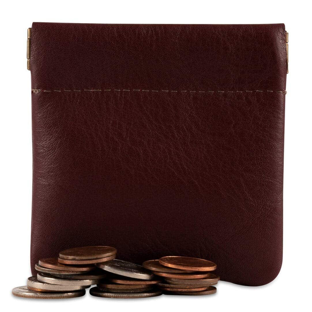 classic leather squeeze coin purse change holder for men, pouch size 3.5 in x 3.25 in. high