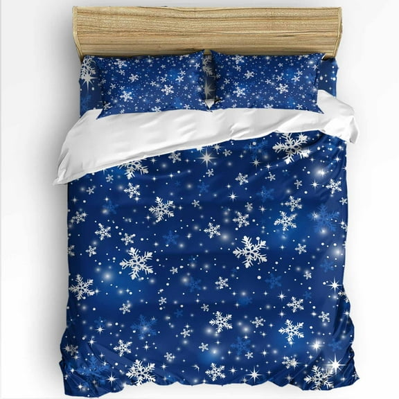 Navy Blue Christmas Snowflakes Twin Size Comforter Set, Winter Snowfall Shiny White Soft Bedding for All Seasons, 4 Pcs Bed Set with 1 Comforter (68"x86") ,1Sheet(66"x116"), 2 Pillowcases (19"x29")