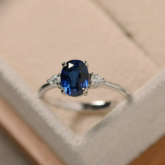 Blue Sapphire Oval cut gemstone engagement ring 925 sterling silver ring
