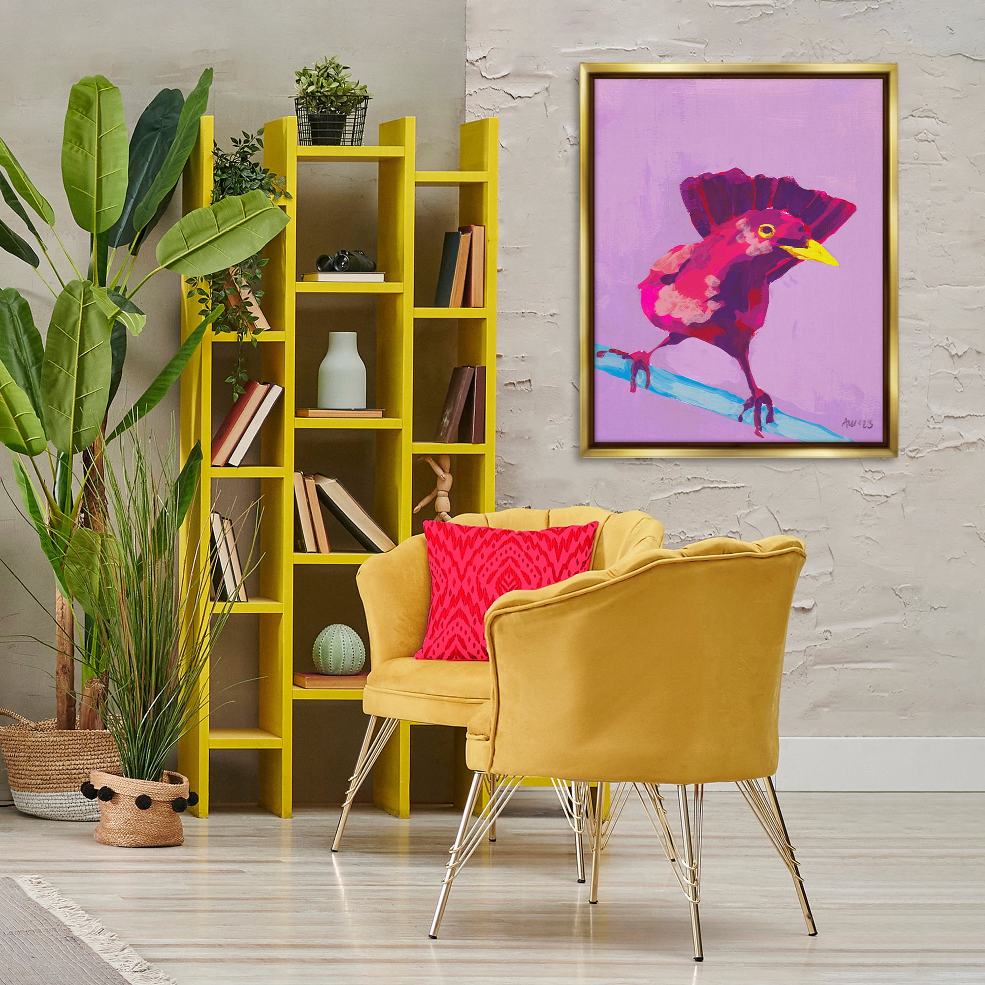 Stupell Industries Vivid Perched Bird Animals Painting Gold Floater Framed Canvas Art Print Wall Art, 25 x 31