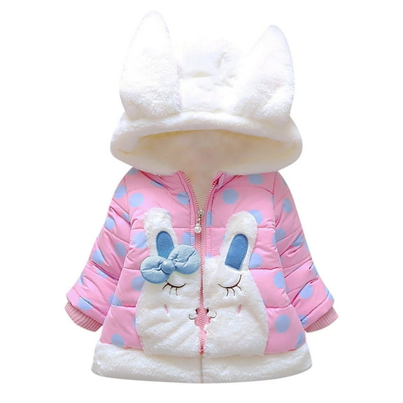 Generic Girls Winter Plush Thick Jacket Rabbit Ears Hooded Long Sleeve Polka Dot Animal Print Zip Padded Coat for Holiday Winter Party Christmas（0-6 Months Pink）