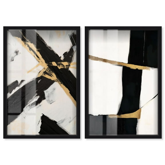 Gilded Glam Night 2 Panel Set Shadowbox Print Minimalist Wall Decor by Art Remedy, Black Frame, 10 x 15