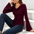 thumbnail image 4 of Lmueinov Womens Long Flare Sleeve Shirts Ribbed Knit Cowl Neck Tops for Women Off Shoulder Tops with Asymmetrical Hem Slim Fit Casual Dressy Blouses, 4 of 5