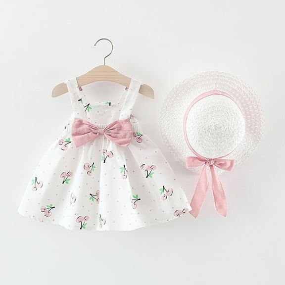 Bainana Toddler Baby Girls 2 Piece Outfits Cherry Print Sleeveless One-Piece Dress Cute Fashion Summer Dress And Straw Hat Girls Set Size 12-18 Months Pink