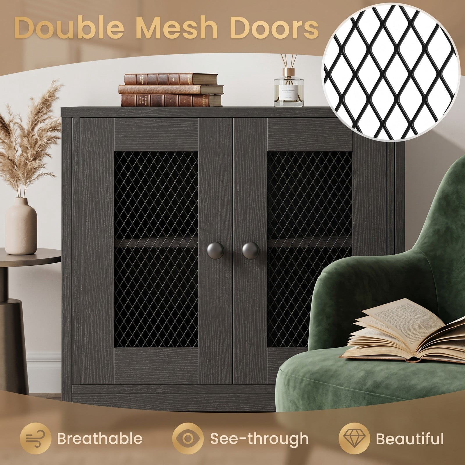 ALPULON Freestanding Over the Toilet Storage Cabinet with Heavy Duty X-Shaped Metal Frame and 2 Breathable Mesh Doors, Black
