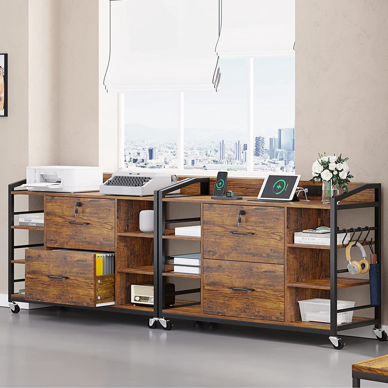 44" File Cabinet, Filing Cabinet fits Legal/Letter Size, 2 Drawer File Cabinets for Home Office with Lock, Power Strip, 6 Storage Shelves, Rustic Brown