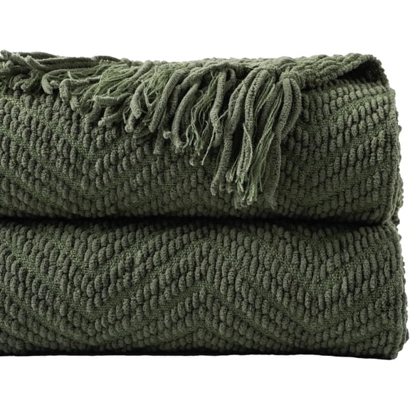Olive Green Chenille Throw Blanket for Bed, Knit Throw Blanket,Super Soft Warm Home Decor Throw Blanket with Tassels for Couch,Sofa and Living Room,50" x 60"