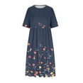 thumbnail image 5 of ZVAVZ Womens Summer Dresses Casual,Ladies Boho Floral Print Midi Sundress Short Sleeve Round Neck Fashion Dresses with Pocket Dark Blue,L, 5 of 6