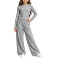 thumbnail image 5 of QTBIUQ Girls Two-Piece Fall Set Long-Sleeve Fitted Crop Top and Elastic Waist Wide-Leg Pants Casual Outfit Set, 5 of 6