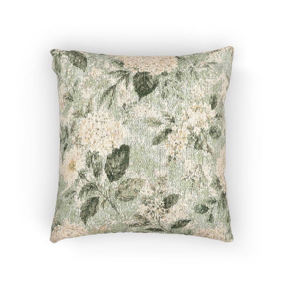 Sage Green and Cream Hydrangea Floral Decorative Woven Pillow, Cotton-Polyester, Botanical Style