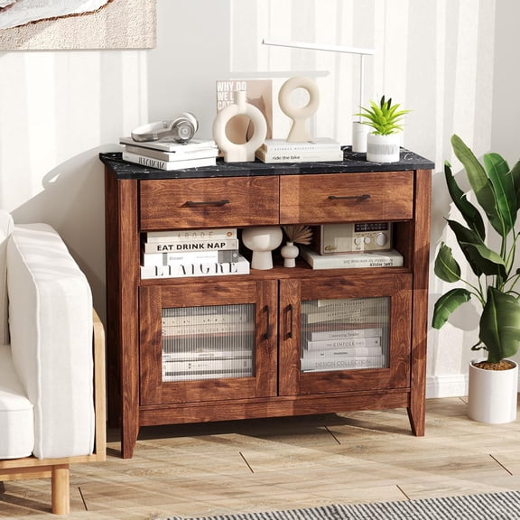 Sideboard Buffet Cabinet with Faux Marble Top, Rustic Brown Bar Cabinet for Kitchen Living Room