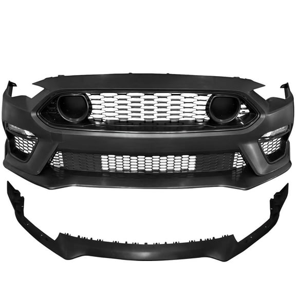 Ikon Motorsports Front Bumper Cover Compatible With 2018-2023 Ford Mustang Unpainted Black PP Polypropylene 2021 Mach 1 Style Front Bumper Conversion Replacement Full Kit